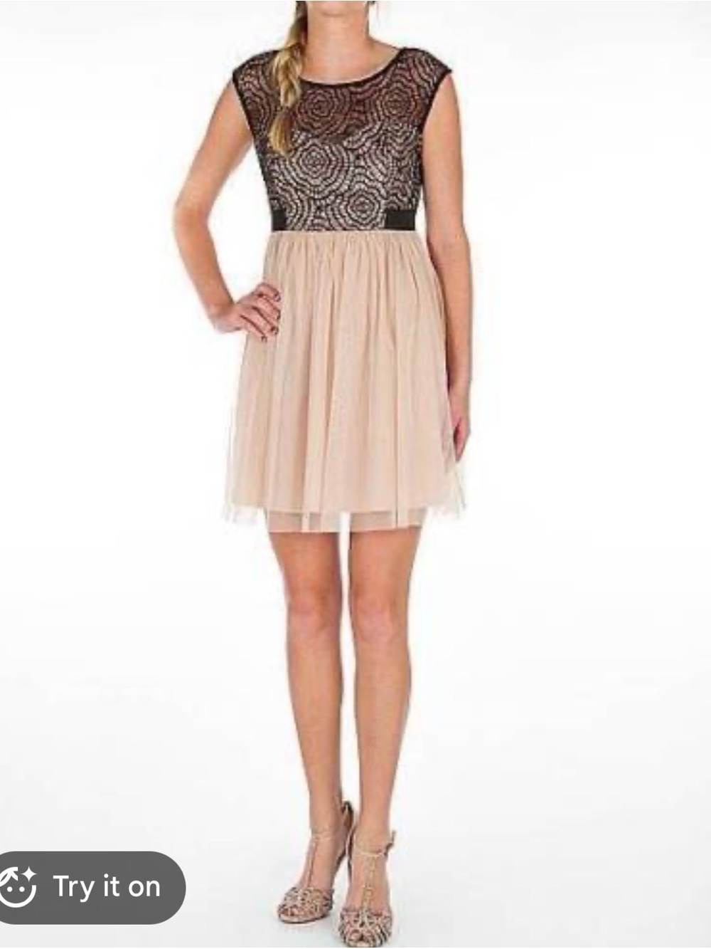 Mystic Black Lace Overlay Bodice Over  Blush Tulle Midi Dress